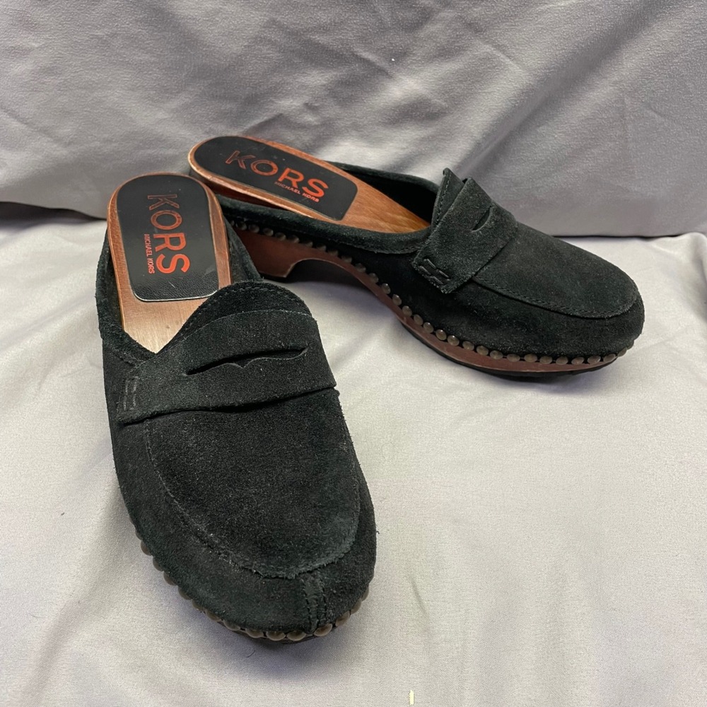 Vintage‎ KORS Michael Kors Black Suede Penny Loafer Clogs Wood Studded Italy 8B